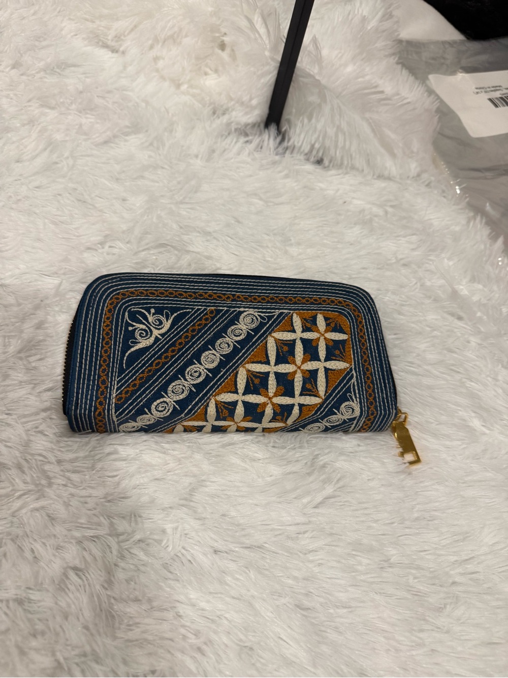 Navy Embroidered Zip Wallet with Gold Hardware